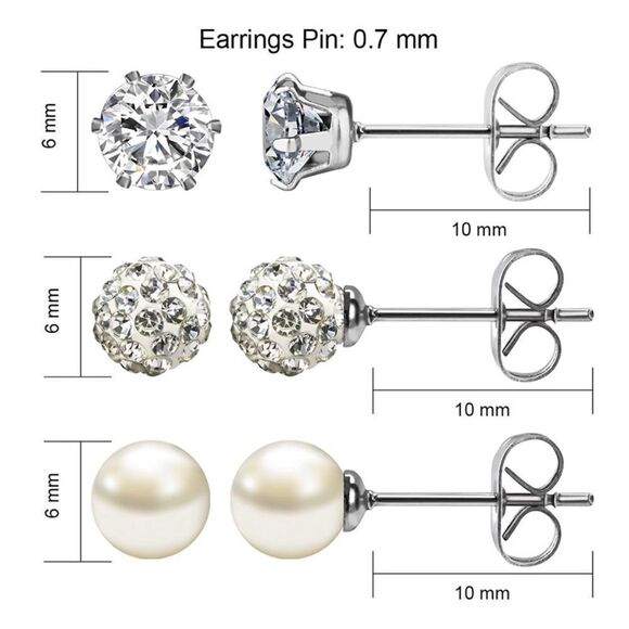 White Diamond Cubic Zirconia and Pearl 316L Post Back Stud 3 Pair Earrings Set - Picture 4 of 5